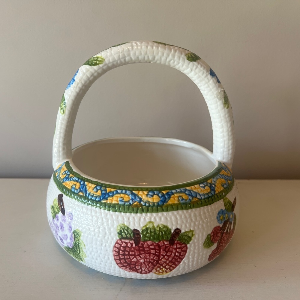 FINAL PRICE Vintage 1990s Ceramic Mosaic Quilted Fruits Vegetables Basket Bowl